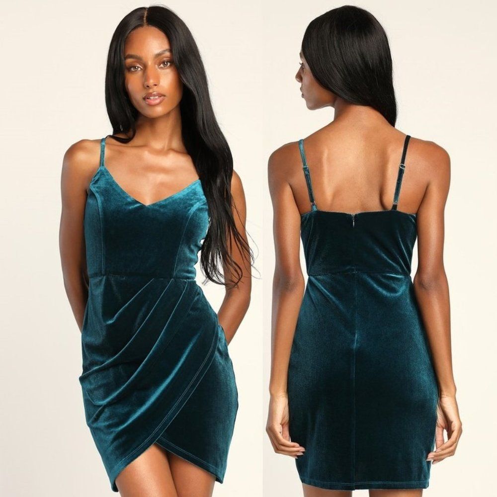 Lulu's Velvet Sleeveless Tulip Mini Dress Vneck Evening Cocktail Teal Medium
